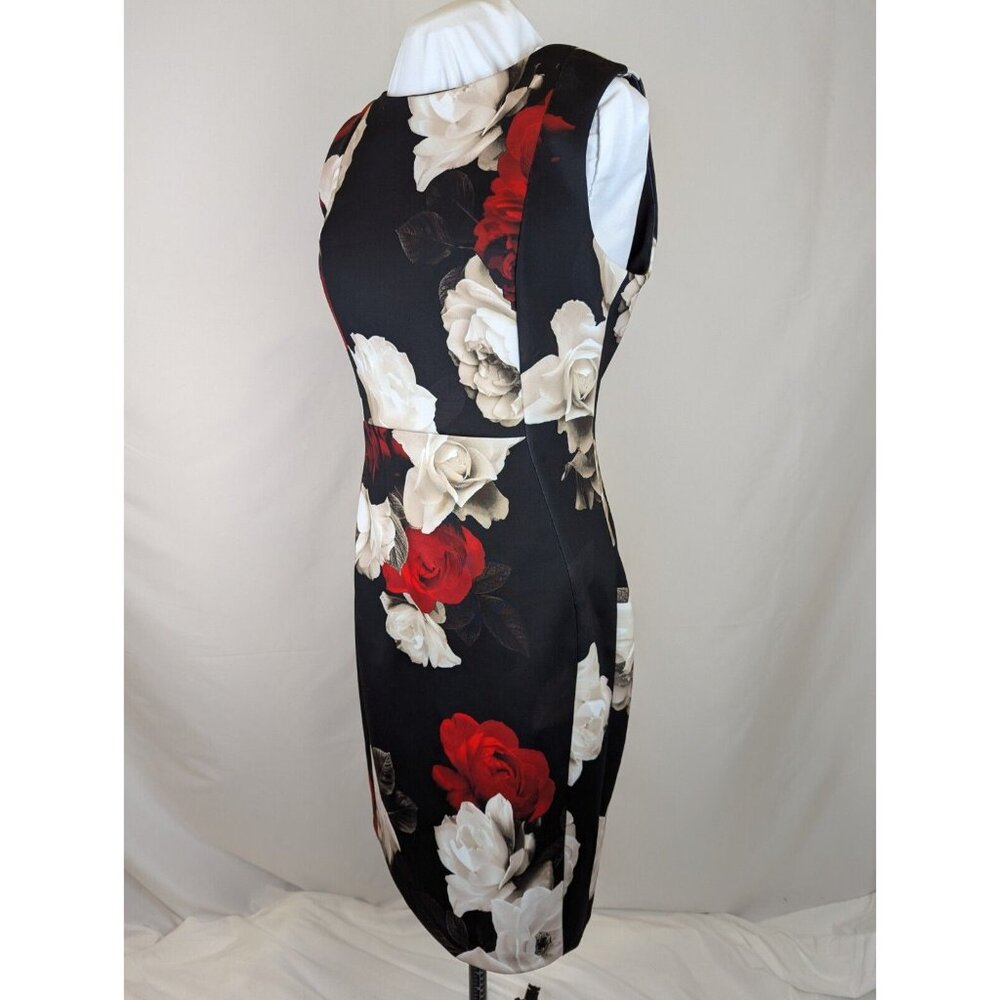 Calvin Klein Black Red Ivory Floral Zip Sleeveless Pencil Sheath Dress Zip Sz 8
